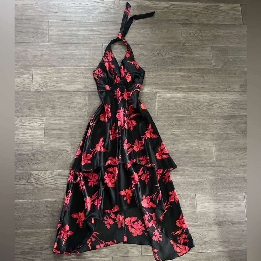 Black and Red Floral Halter Dress
